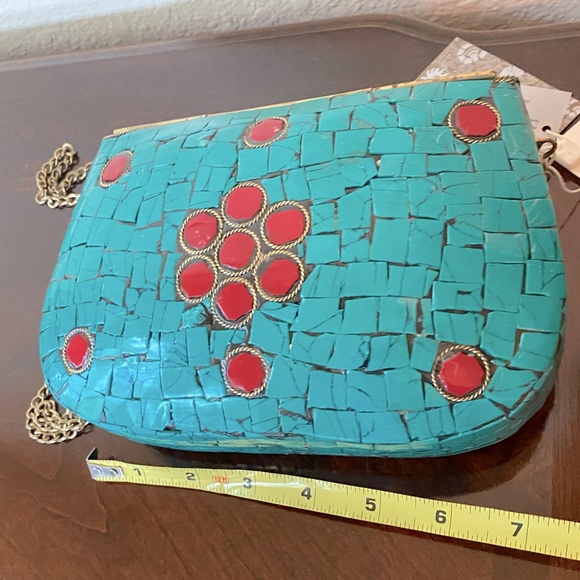 Antik Kraft Metal Convertible Turquoise Purse Mosaic Tiles Gold chain NWT - Picture 9 of 14